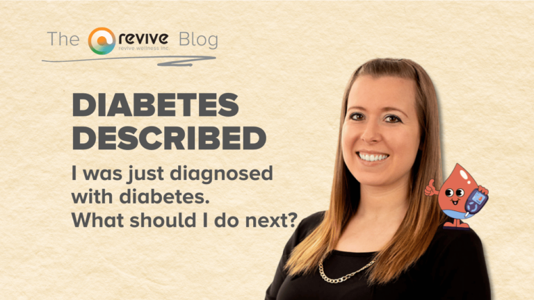 The image is a blog post header from Revive Wellness Inc.'s blog, titled "Diabetes Described." The subtitle reads, "I was just diagnosed with diabetes. What should I do next?" The image features Kaylee Turner, a smiling woman with long, straight hair, and a small, cheerful red blood drop character holding a glucometer, giving a thumbs up. The background has a light, textured, beige appearance.