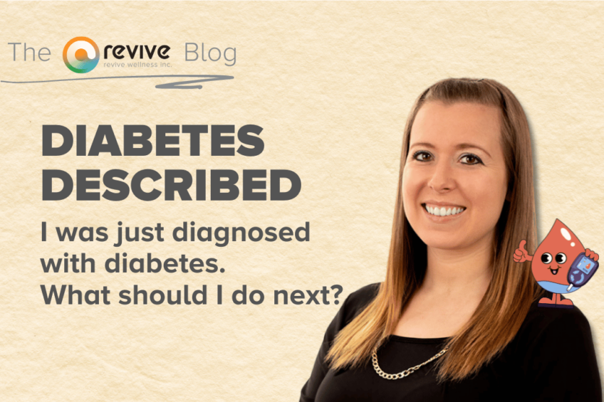 The image is a blog post header from Revive Wellness Inc.'s blog, titled "Diabetes Described." The subtitle reads, "I was just diagnosed with diabetes. What should I do next?" The image features Kaylee Turner, a smiling woman with long, straight hair, and a small, cheerful red blood drop character holding a glucometer, giving a thumbs up. The background has a light, textured, beige appearance.