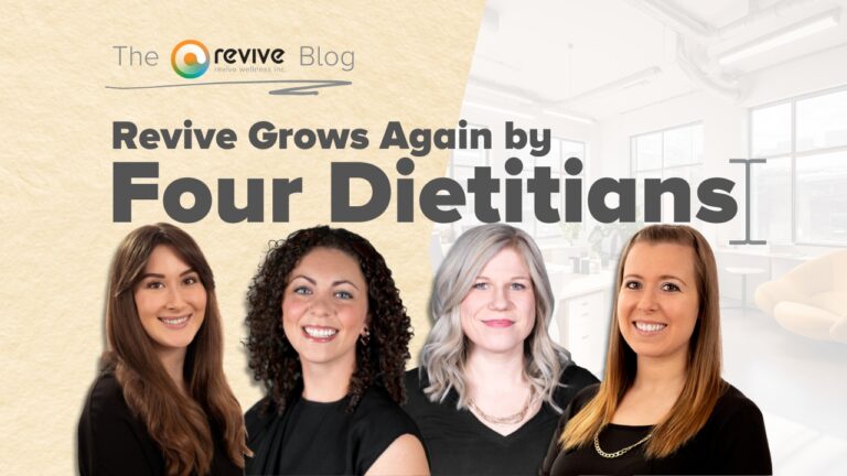 Featured image for the Revive Wellness blog post titled 'Revive Grows Again by Four Dietitians'. The image displays the portraits of four smiling dietitians with a bright and modern office space in the background. From left to right: a woman with long brown hair, a woman with curly black hair, a woman with shoulder-length blonde hair, and a woman with straight light brown hair. Above their images, the Revive Wellness logo and the blog title are prominently displayed on a textured, light beige background.