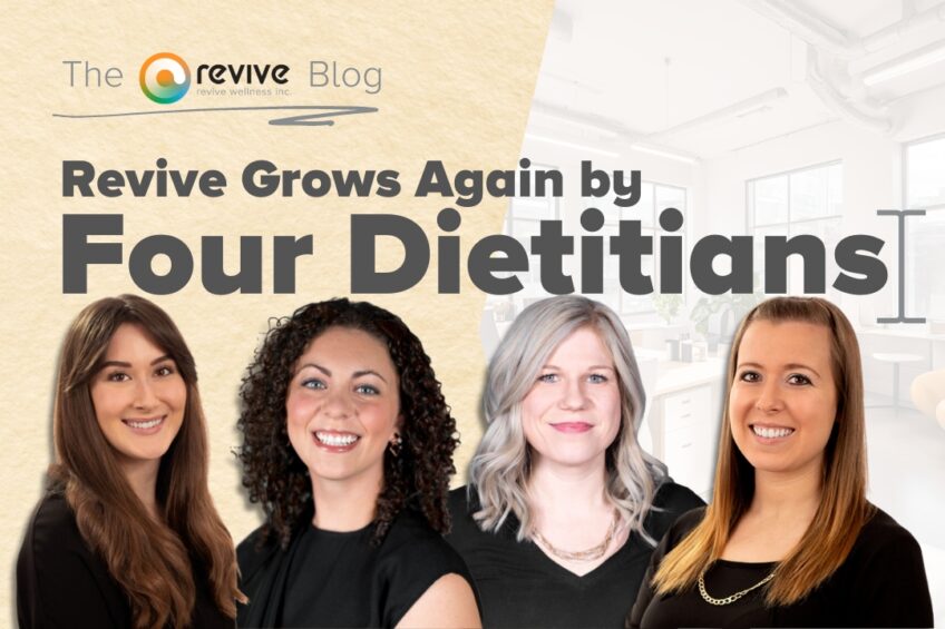 Featured image for the Revive Wellness blog post titled 'Revive Grows Again by Four Dietitians'. The image displays the portraits of four smiling dietitians with a bright and modern office space in the background. From left to right: a woman with long brown hair, a woman with curly black hair, a woman with shoulder-length blonde hair, and a woman with straight light brown hair. Above their images, the Revive Wellness logo and the blog title are prominently displayed on a textured, light beige background.