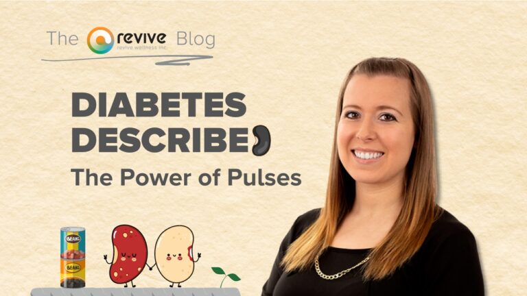 A blog header image from Revive Wellness Inc. titled 'Diabetes Describe: The Power of Pulses'. The image features a smiling woman with long brown hair and a black top on the right side. To the left, there are illustrations of two beans holding hands and a can of beans with the label 'BEANS'. The background has a light beige, textured appearance.