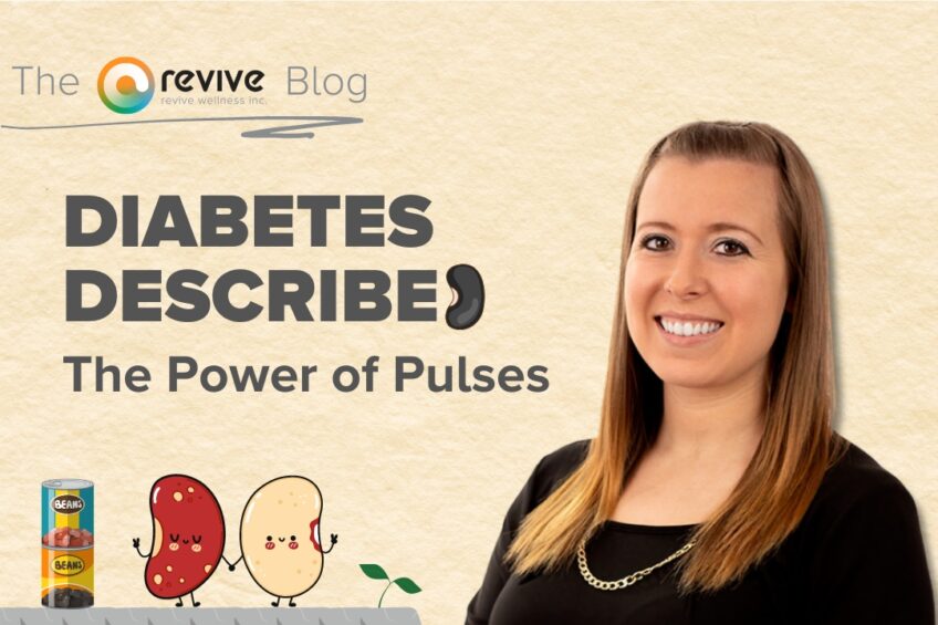 A blog header image from Revive Wellness Inc. titled 'Diabetes Describe: The Power of Pulses'. The image features a smiling woman with long brown hair and a black top on the right side. To the left, there are illustrations of two beans holding hands and a can of beans with the label 'BEANS'. The background has a light beige, textured appearance.