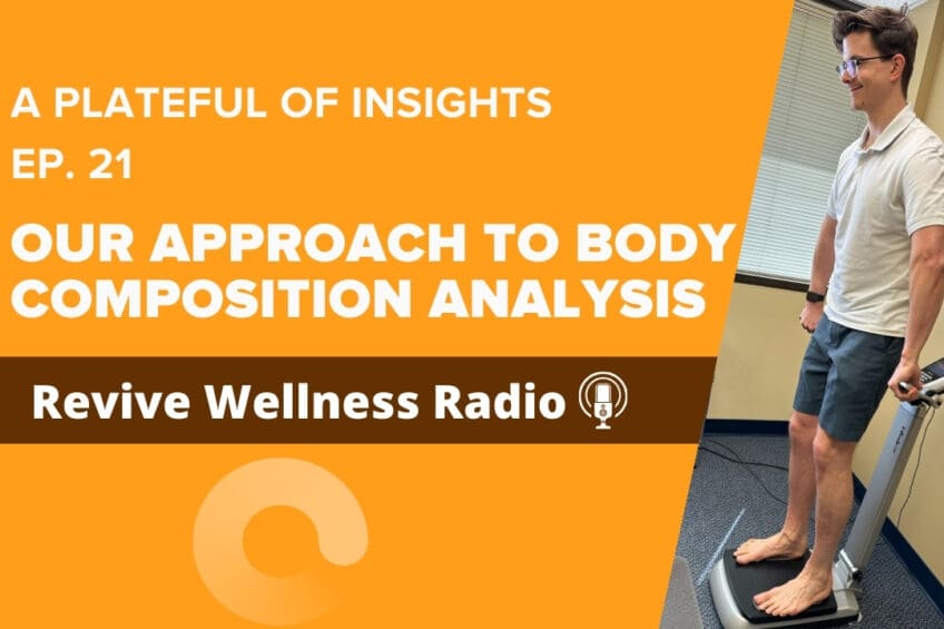 A promotional banner for the podcast episode 'A Plateful of Insights Ep. 21' featuring the title 'Our Approach to Body Composition Analysis' and branding for Revive Wellness Radio. The right side of the image shows a person standing on a body composition analysis machine, smiling and looking forward.