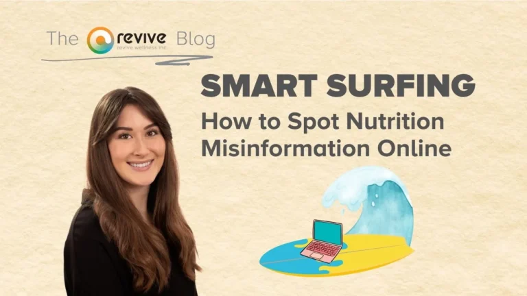 A featured blog image titled 'SMART SURFING: How to Spot Nutrition Misinformation Online.' The design includes the logo for Revive Wellness Inc. at the top left, a smiling woman with long brown hair on the left side, and a stylized wave with a laptop surfing on water on the right.