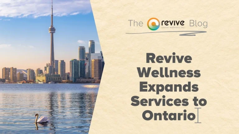 Image of the Toronto skyline featuring the CN Tower with a serene waterfront view and a swan in the foreground. The text reads 'Revive Wellness Expands Services to Ontario,' accompanied by the Revive Wellness logo.