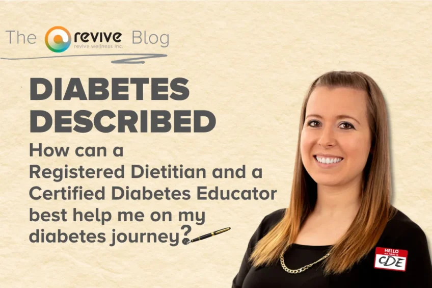 Image showing the Revive Wellness blog branding with the title 'Diabetes Described: How can a Registered Dietitian and a Certified Diabetes Educator best help me on my diabetes journey?' alongside a smiling woman, identified as a Certified Diabetes Educator, wearing a name tag that reads 'Hello, my name is CDE.'