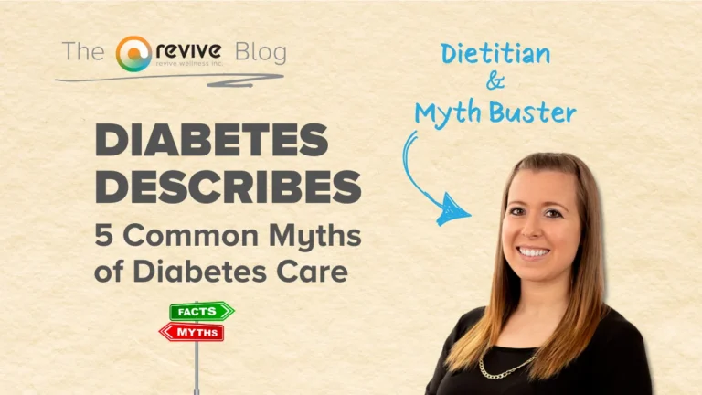 Promotional graphic for 'The Revive Blog' featuring the title 'Diabetes Describes: 5 Common Myths of Diabetes Care.' A smiling woman, labeled as a 'Dietitian & Myth Buster,' is on the right side of the image. A signpost indicating 'FACTS' and 'MYTHS' is positioned at the bottom left, and the background has a textured beige design.